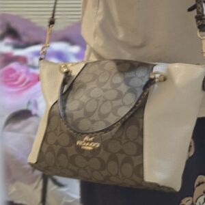 Coach Brown and Cream Monogram Shoulder Bag with Gold Hardware